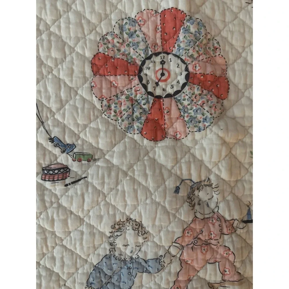 Vintage Handmade Baby Crib Quilt With Nursery Rhyme Pattern & Scalloped Edges
